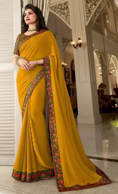BLEESBURY Printed, Self Design, Graphic Print, Floral Print, Checkered, Solid/Plain Bollywood Silk Blend, Chiffon Saree(Yellow)