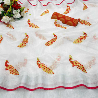 KRIVITY Embroidered Chanderi Cotton Linen Saree(Red, White)