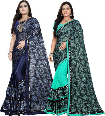 DECOFIN Embellished, Floral Print Bollywood Lycra Blend Saree(Pack of 2, Blue, Light Blue)