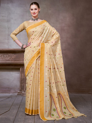 Sareemall Printed Jamdani Linen Saree(Beige)