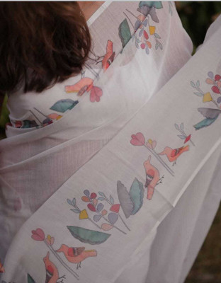 Sniccs Trend Hand Painted, Printed Bollywood Linen Saree(White)