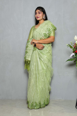 janki fab Embroidered Bollywood Net Saree(Green)