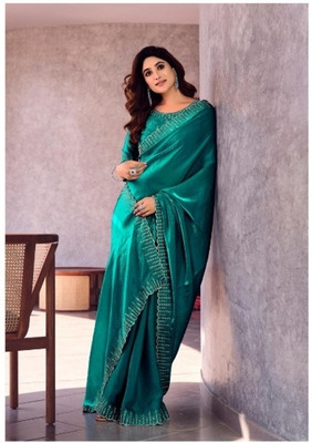 HARIOM CREATION Self Design, Solid/Plain, Geometric Print Saree with Attached Blouse Silk Blend Saree(Light Blue)