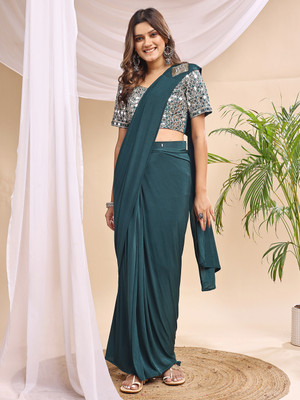 LADYZILLA Embellished Bollywood Lycra Saree(Green)