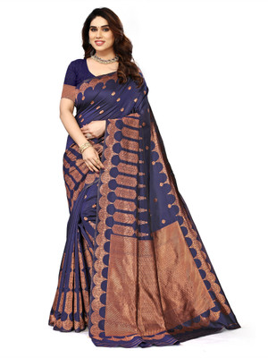 VAGHANI TEX Woven, Self Design Banarasi Silk Blend Saree(Dark Blue)