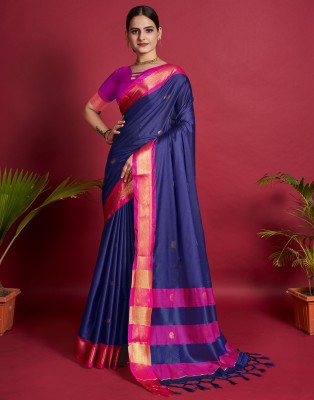 Samah Self Design, Woven, Embellished Banarasi Pure Cotton, Cotton Silk Saree(Dark Blue, Pink)