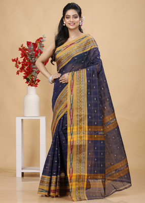 SLAGHA Checkered Tant Handloom Pure Cotton Saree(Multicolor)