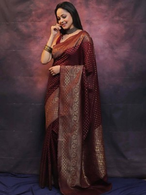 HANSIKA FASHION Temple Border Banarasi Silk Blend Saree(Maroon)