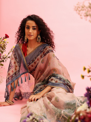 SILK ZONE Printed Chanderi Cotton Blend Saree(Beige)