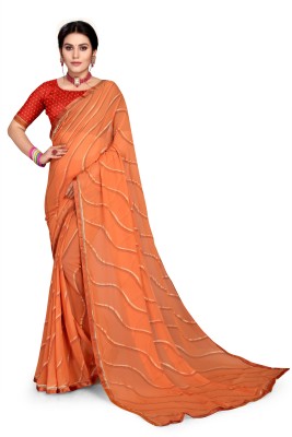 NANCY HUB Striped Bollywood Silk Blend, Cotton Blend Saree(Orange)