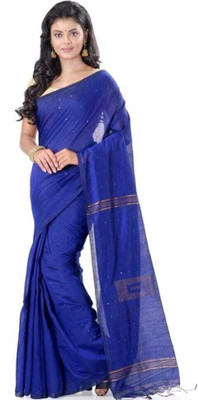 Sthaker Self Design Handloom Cotton Blend Saree(Dark Blue)