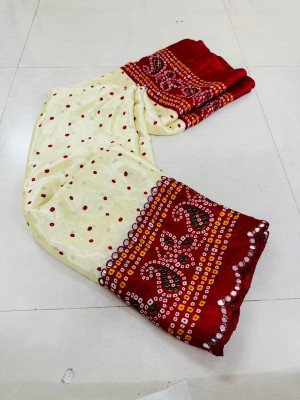 Shikha creation Printed Bandhani Georgette Saree(White, Red)