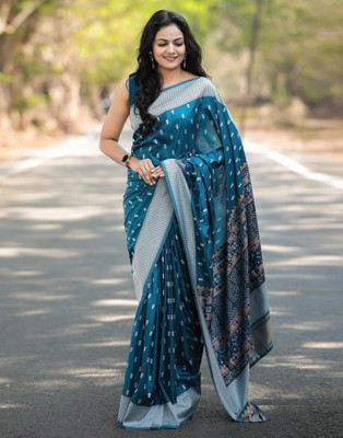 Samah Dyed, Woven, Embellished Banarasi Silk Blend Saree(Blue, Grey, Multicolor)