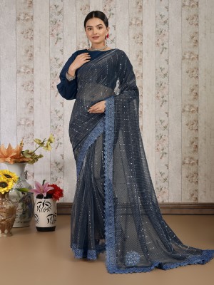 INDIAN WOMEN Embellished Bollywood Lycra Blend Saree(Blue)