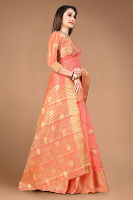 Soham Enterprise Self Design, Woven Kanjivaram Pure Cotton, Cotton Silk Saree(Orange)