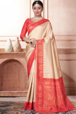 ROOP LAVANYA Woven Kanjivaram Jacquard, Art Silk Saree(Cream, Red)