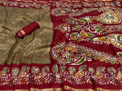 GLAM VILLA Printed Mysore Art Silk Saree(Orange)