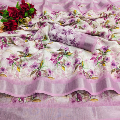 TANURI Floral Print Bollywood Cotton Linen, Cotton Silk Saree(Pink)