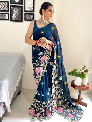 ANOUK Embellished Bollywood Georgette Saree(Dark Blue)