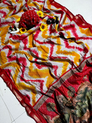 RAAVIENTERPRISE Tie-Dye, Printed Leheria Mulmul Saree(Red, Yellow)