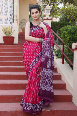 DASTKARPRINT Printed, Color Block, Blocked Printed, Floral Print, Dyed Daily Wear Pure Cotton Saree(Pink)