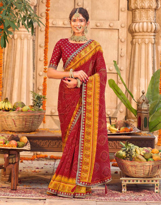 Samah Printed, Embroidered, Embellished Bandhani Georgette Saree(Yellow, Red)