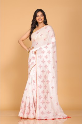 MorChari Embroidered Kota Doria Pure Cotton Saree(White)