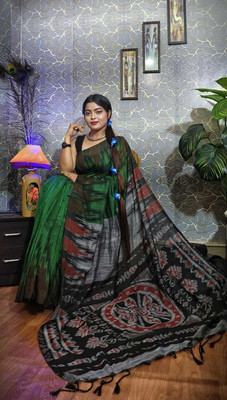 QUETZAL HANDLOOM SAREE Printed Sambalpuri Pure Cotton Saree(Green)