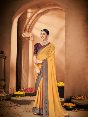 Divastri Solid/Plain Banarasi Georgette Saree(Yellow)