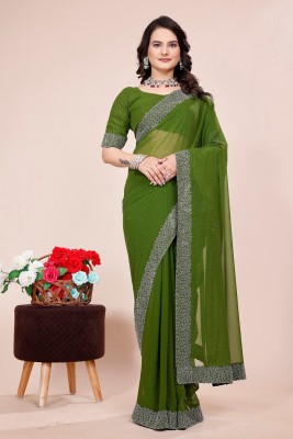 vezas Embroidered, Solid/Plain Bollywood Georgette Saree(Light Green)