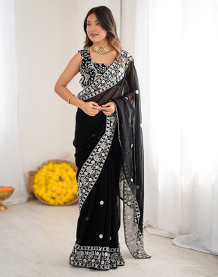 Satrani Embroidered, Embellished Bollywood Georgette Saree(Black)