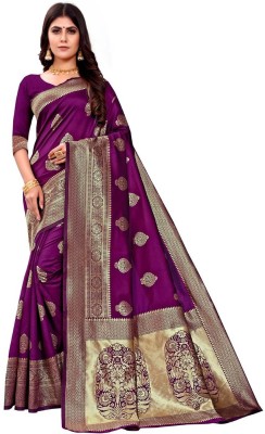 Aachari Embellished, Self Design, Floral Print, Woven, Applique Kanjivaram Jacquard, Pure Silk Saree(Purple)