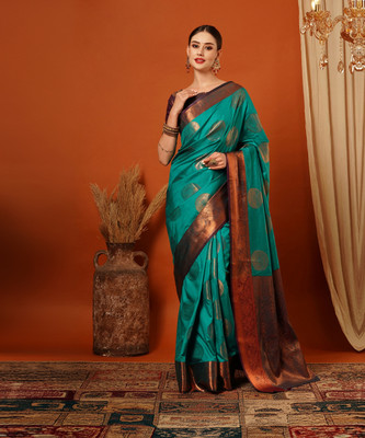 Westux Embellished, Woven Bollywood Pure Silk, Jacquard Saree(Light Blue, Purple, Gold)