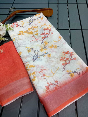 HangerStories Printed Kanjivaram Linen, Cotton Linen Saree(Multicolor)