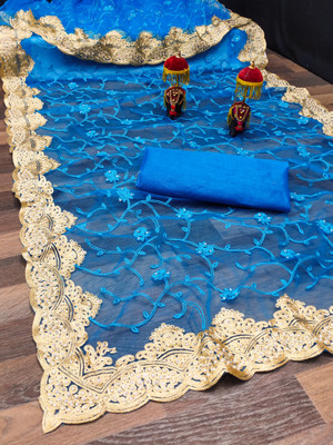 FINERFLY Embroidered Bollywood Net Saree(Blue)