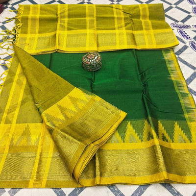 Auraaboutique Temple Border Tant Pure Cotton Saree(Dark Green, Yellow)