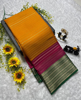 Anuradha Enterprise Striped, Woven, Self Design Mysore Silk Blend Saree(Mustard, Maroon, Green)