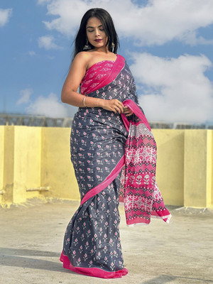 Divastri Printed Ikkat Cotton Blend Saree(Grey)