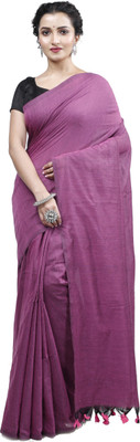 PuJoy Solid/Plain Handloom Cotton Blend Saree(Brown)