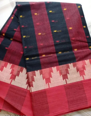 NADIA HANDALOOM Temple Border Tant Pure Cotton Saree(Red, Black)
