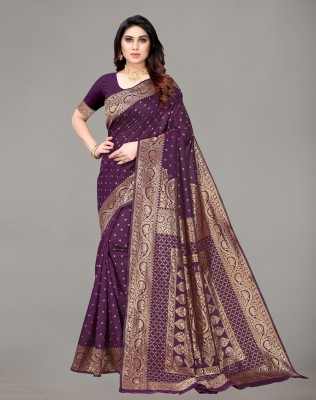 Samah Self Design, Woven, Embellished Banarasi Jacquard, Cotton Silk Saree(Purple, Gold)