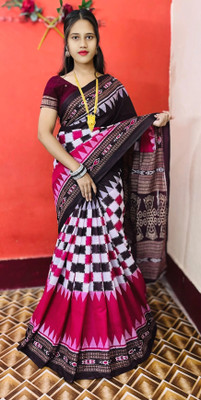 ARTFULTHREADS Printed Sambalpuri Pure Cotton Saree(Pink)