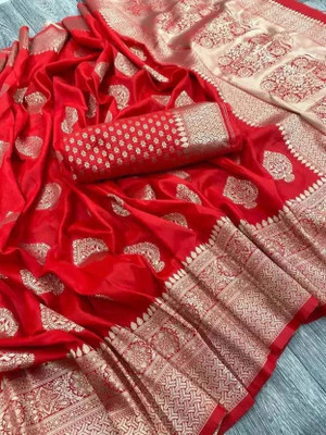 Parangi-A planet of style Woven Banarasi Cotton Silk Saree(Red)