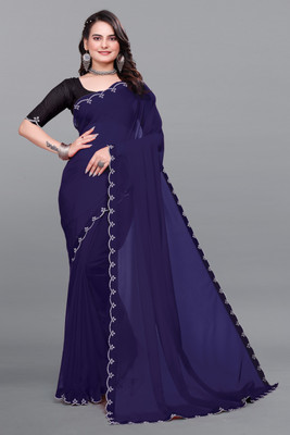 Labheshwari Solid/Plain Bollywood Georgette Saree(Blue)