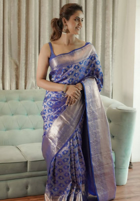 preyufashion Woven Banarasi Art Silk, Jacquard Saree(Dark Blue)
