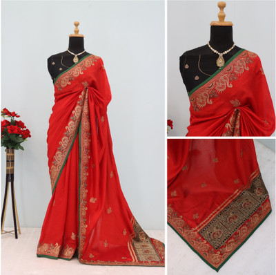 KHRITI FAB Embroidered Bollywood Pure Silk Saree(Red)