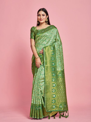 MIMOSA Woven Kanjivaram Art Silk Saree(Green)