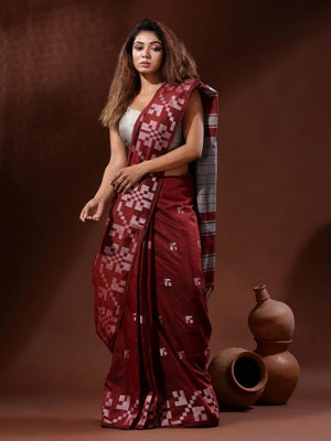 QuteFab Printed, Self Design, Solid/Plain, Woven Handloom Pure Cotton Saree(Red)