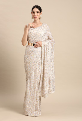DIVINE INTERNATIONAL TRADING CO Embroidered Bollywood Georgette Saree(White)