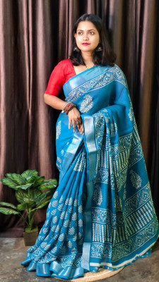 Suto Printed, Floral Print Bandhani Linen Saree(Light Blue)